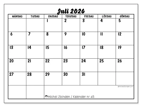 Juli 2026 månadskalender att skriva ut - Skolframgång