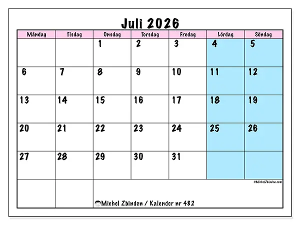 Juli 2026 månadskalender att skriva ut - Teamschema