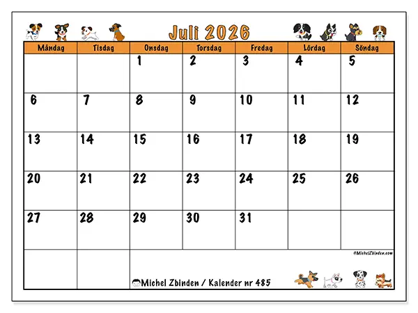 Juli 2026 månadskalender att skriva ut - Hundar