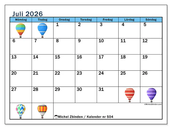 Juli 2026 månadskalender att skriva ut - Luftballonger
