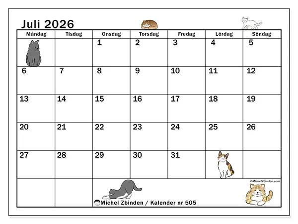 Juli 2026 månadskalender att skriva ut - Kattliv