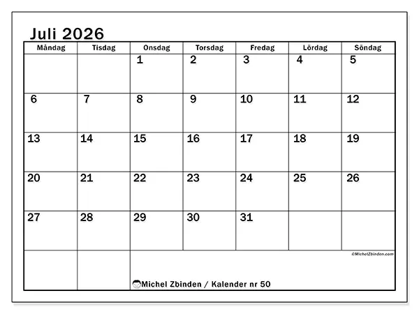 Juli 2026 månadskalender att skriva ut