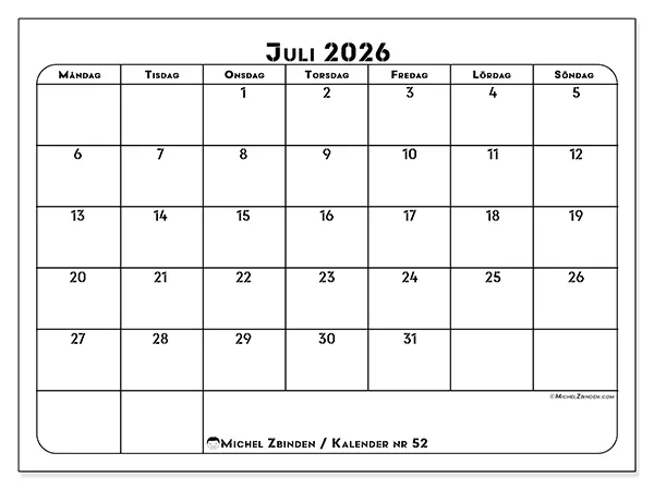 Juli 2026 månadskalender att skriva ut - Professionell organisering