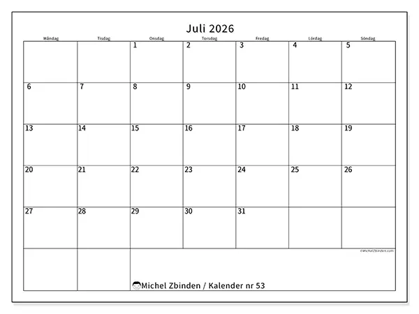 Juli 2026 månadskalender att skriva ut - Tydligt schema