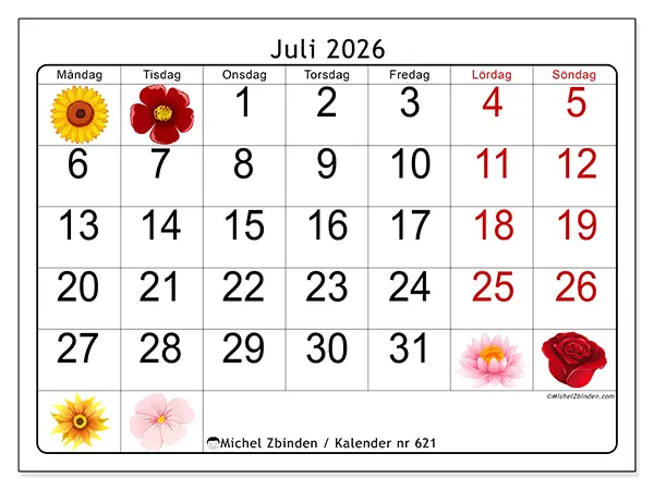 Juli 2026 månadskalender att skriva ut - Stora blommor