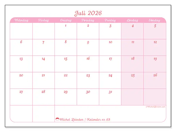 Juli 2026 månadskalender att skriva ut - Mjuk organisering
