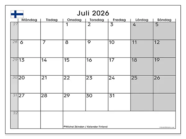 Juli 2026 månadskalender att skriva ut - Finland