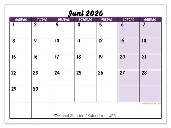 Juni 2026 månadskalender att skriva ut - Färgglada uppgifter