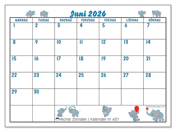 Juni 2026 månadskalender att skriva ut - Små elefanter