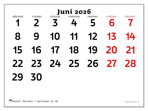 Juni 2026 månadskalender att skriva ut - Klar översikt