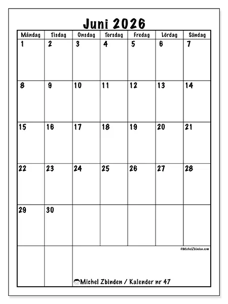Juni 2026 månadskalender att skriva ut - Tydlig planering