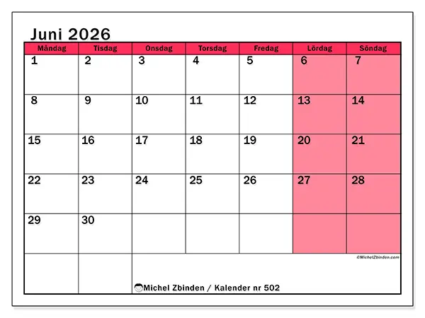 Juni 2026 månadskalender att skriva ut - Ljus organisering