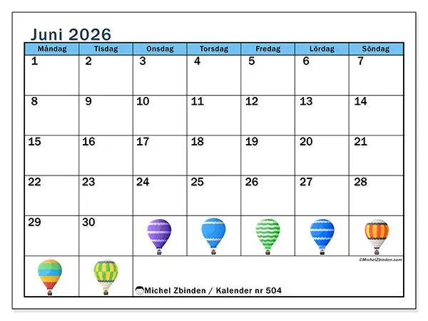 Juni 2026 månadskalender att skriva ut - Luftballonger