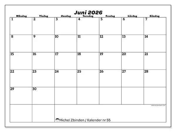 Juni 2026 månadskalender att skriva ut - Organisering av fritid