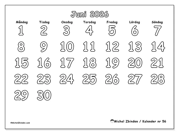 Juni 2026 månadskalender att skriva ut - Nyttig färgläggning