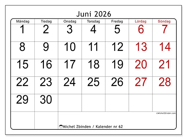 Juni 2026 månadskalender att skriva ut - Snabb översikt