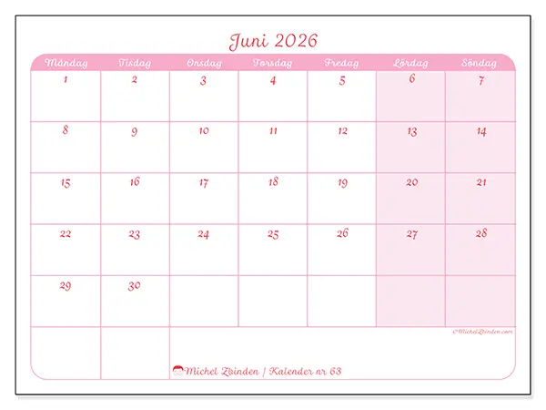 Juni 2026 månadskalender att skriva ut - Mjuk organisering