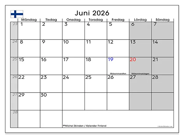 Juni 2026 månadskalender att skriva ut - Finland