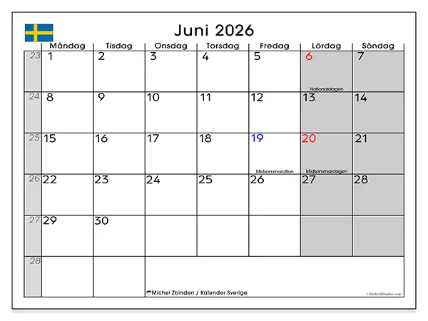 Juni 2026 månadskalender att skriva ut - Sverige