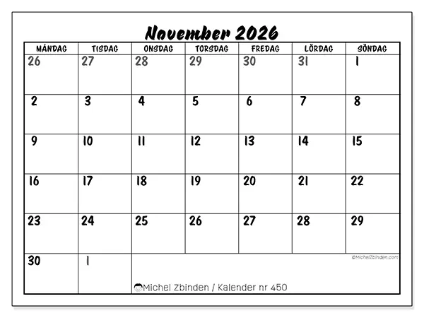 November 2026 månadskalender att skriva ut - Detaljerad organisering