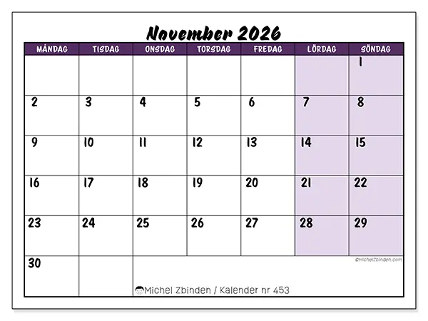 November 2026 månadskalender att skriva ut - Färgglada uppgifter