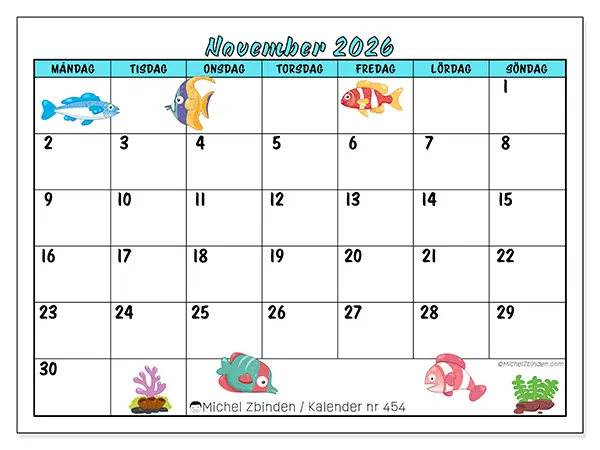 November 2026 månadskalender att skriva ut - Färgglada fiskar