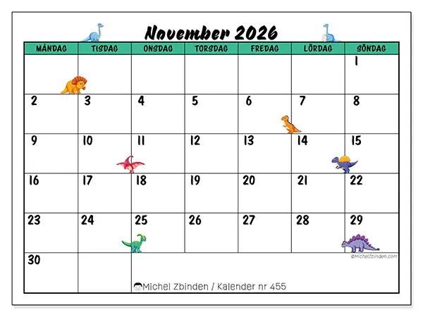 November 2026 månadskalender att skriva ut - Små dinosaurier