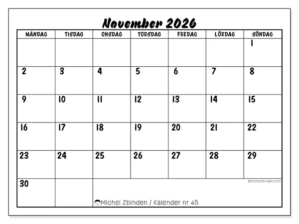 November 2026 månadskalender att skriva ut - Skolframgång