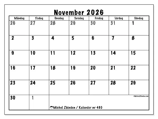 November 2026 månadskalender att skriva ut - Fullständig planering