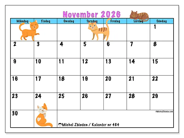 November 2026 månadskalender att skriva ut - Kärlek till katter