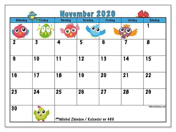 November 2026 månadskalender att skriva ut - Fåglar