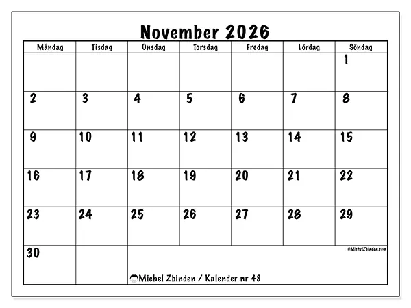 November 2026 månadskalender att skriva ut - Daglig planering