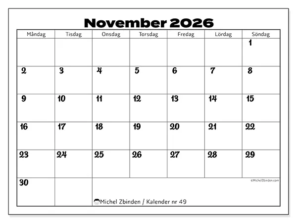 November 2026 månadskalender att skriva ut - Samordning för arbete