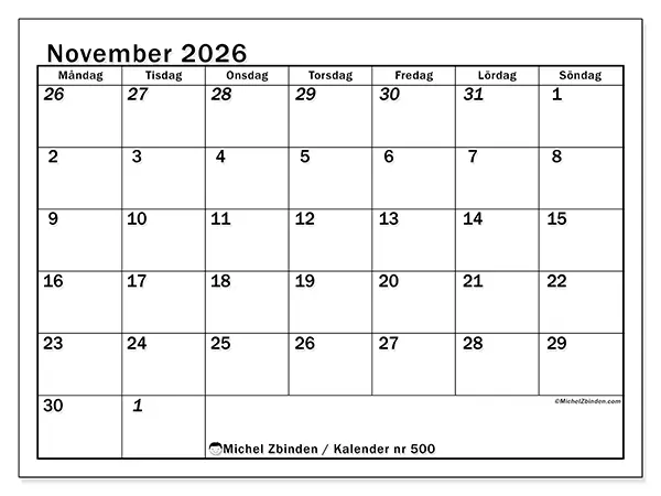 November 2026 månadskalender att skriva ut - Intensiv planering