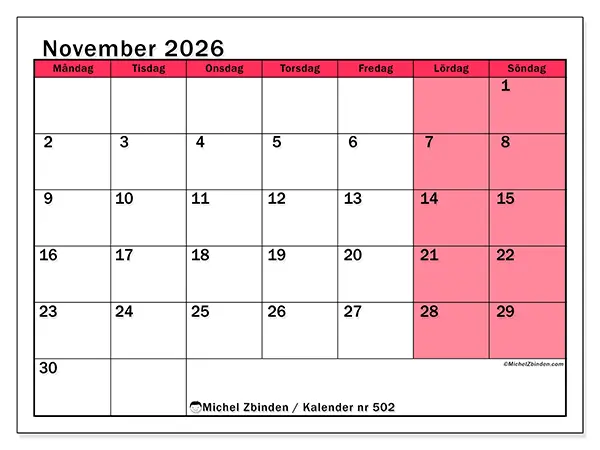 November 2026 månadskalender att skriva ut - Ljus organisering