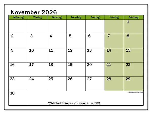 November 2026 månadskalender att skriva ut - Levande organisering