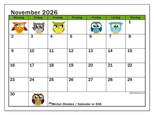 November 2026 månadskalender att skriva ut - Ugglor