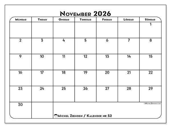 November 2026 månadskalender att skriva ut - Professionell organisering