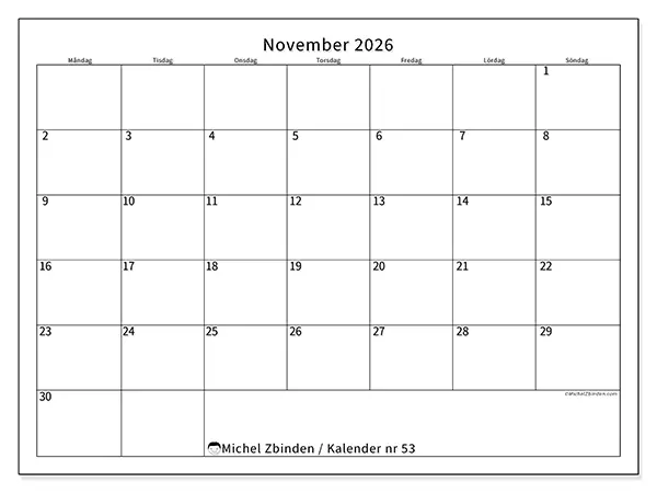 November 2026 månadskalender att skriva ut - Tydligt schema