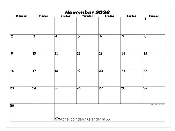 November 2026 månadskalender att skriva ut - Organisering av fritid