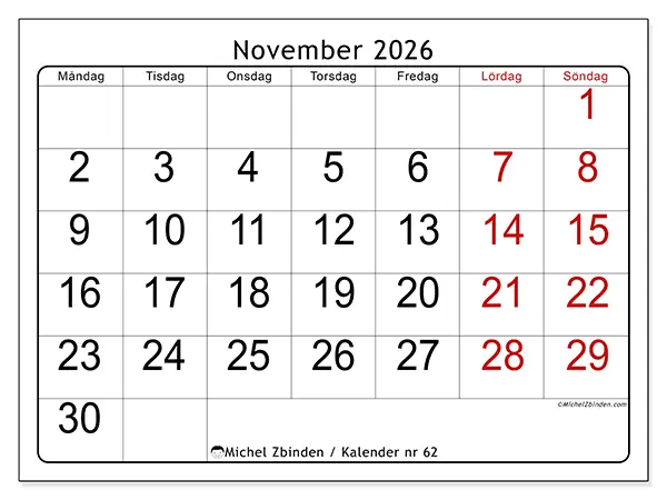 November 2026 månadskalender att skriva ut - Snabb översikt
