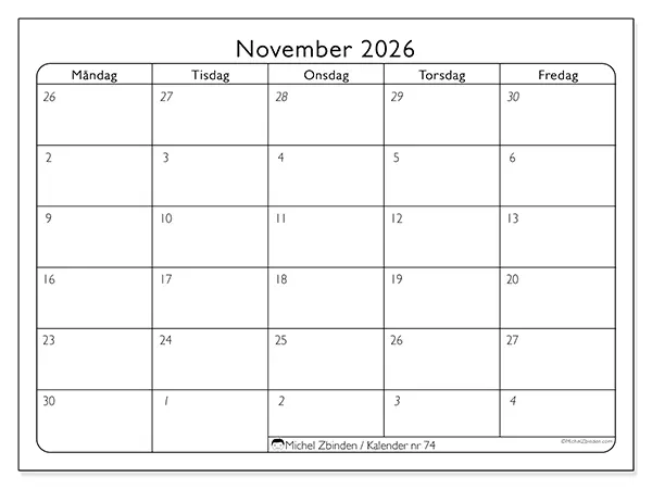 November 2026 månadskalender att skriva ut - Arbetsorganisering