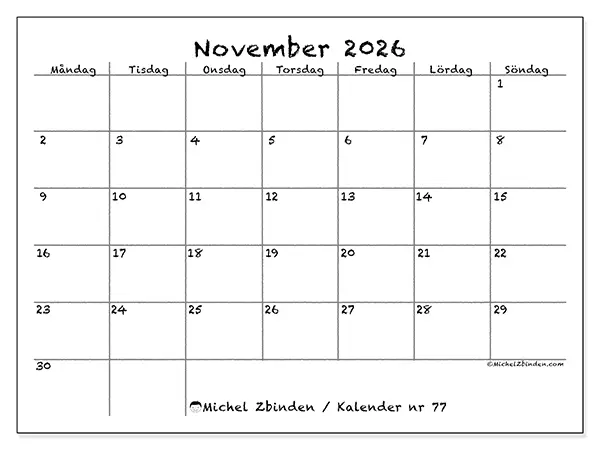 November 2026 månadskalender att skriva ut - Skola och familj