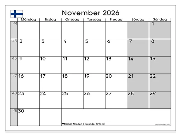 November 2026 månadskalender att skriva ut - Finland