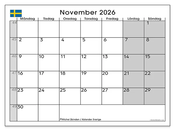 November 2026 månadskalender att skriva ut - Sverige