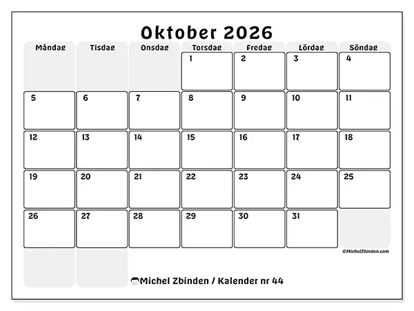 Oktober 2026 månadskalender att skriva ut - Strukturerad planering