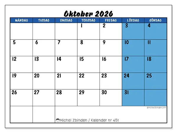 Oktober 2026 månadskalender att skriva ut - Dynamisk organisering