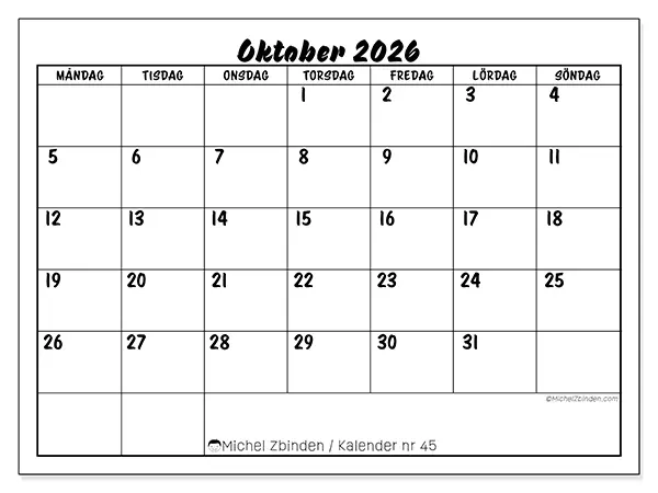 Oktober 2026 månadskalender att skriva ut - Skolframgång