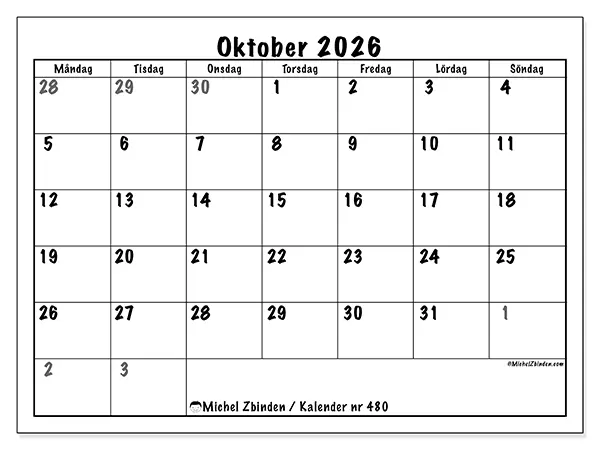 Oktober 2026 månadskalender att skriva ut - Fullständig planering