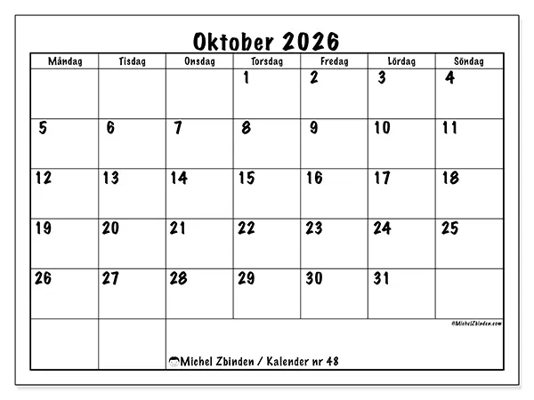 Oktober 2026 månadskalender att skriva ut - Daglig planering